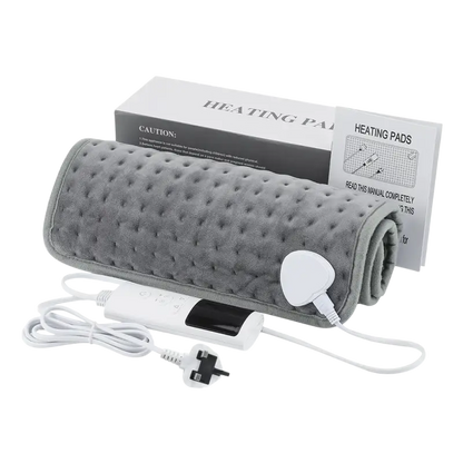 Electric heating blanket with gray textured cover and control unit for sofa bed use