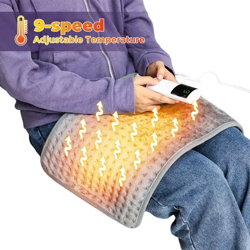 Dark grey electric heating blanket with adjustable temperature and glowing heat indicators
