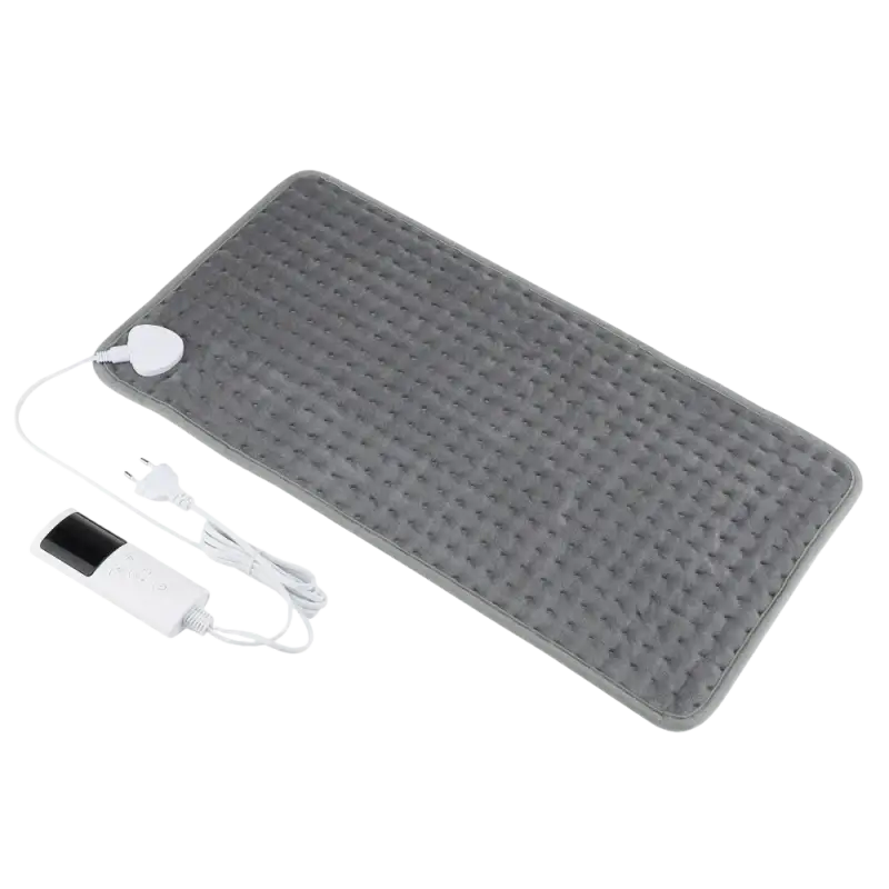 Dark grey electric heating blanket with textured cover and power cord for sofa bed