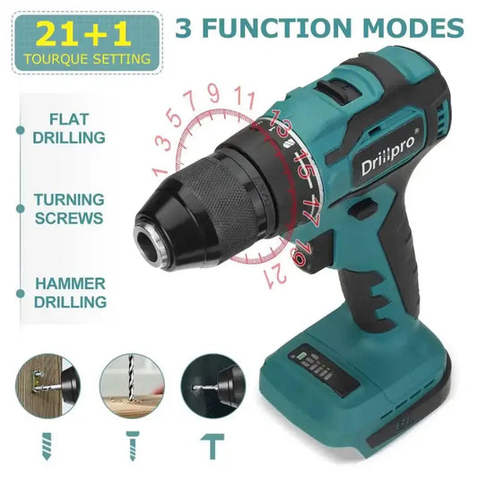 Drillpro Brushless Electric Screwdriver Hammer Drill 13mm 10mm 21 + 1 Torque Cordless for Makita 18V Battery - Smart