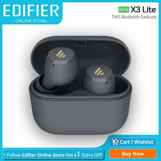 Edifier X3 Lite TWS True Wireless Earphone Bluetooth in charging case with gold accents