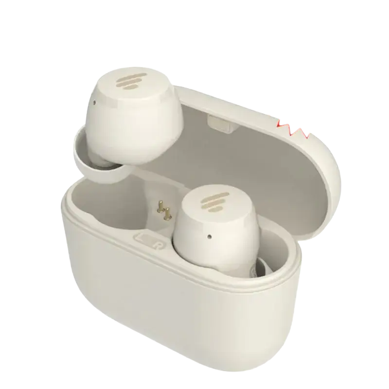White Edifier X3 Lite Wireless Earbuds with charging case and red New sticker