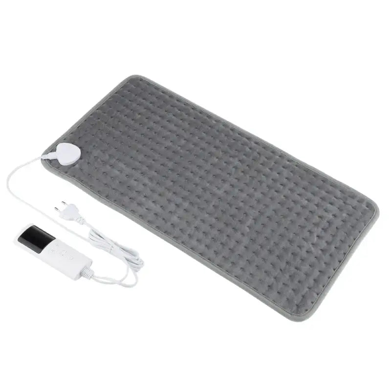 Dark grey electric heating blanket with textured cover and power cord for sofa bed