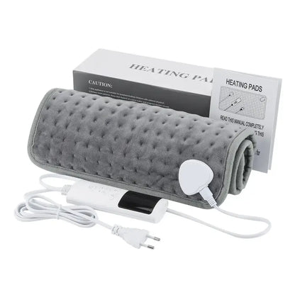 Dark grey electric heating blanket with textured surface and controller cord