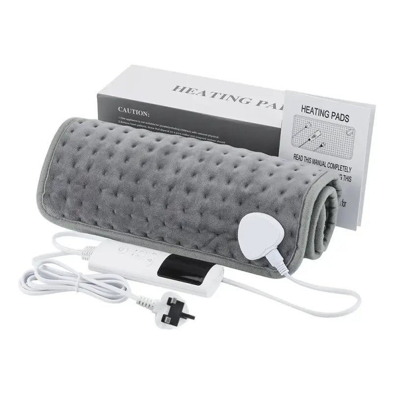 Electric heating blanket with gray textured cover and control unit for sofa bed use