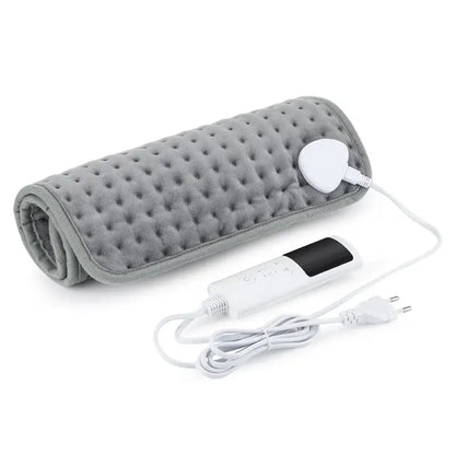 Dark grey electric heating blanket with plush fabric and temperature control settings