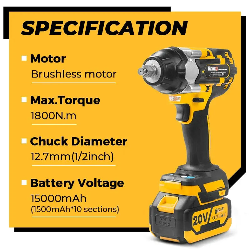 Cordless Electric Impact Wrench with Brushless Motor and 20V Battery Pack