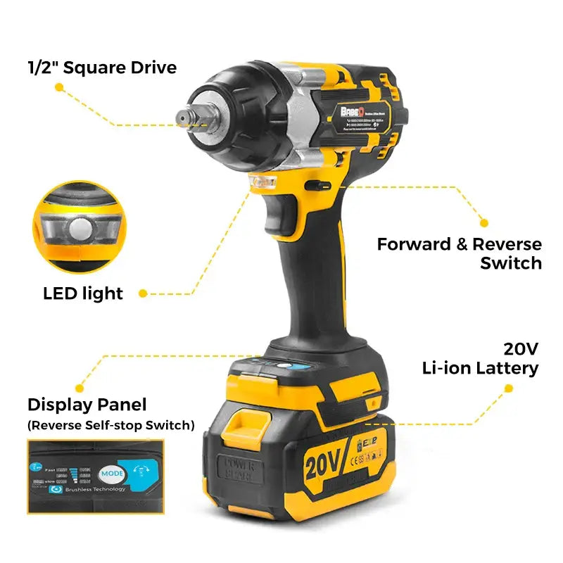 Yellow and black Electric Impact Wrench with LED light and battery pack for efficient drilling