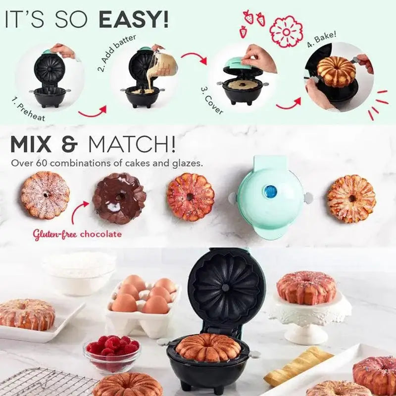 Mini Bundt cake maker showcasing versatile cake and glaze options for a kitchen cooking machine