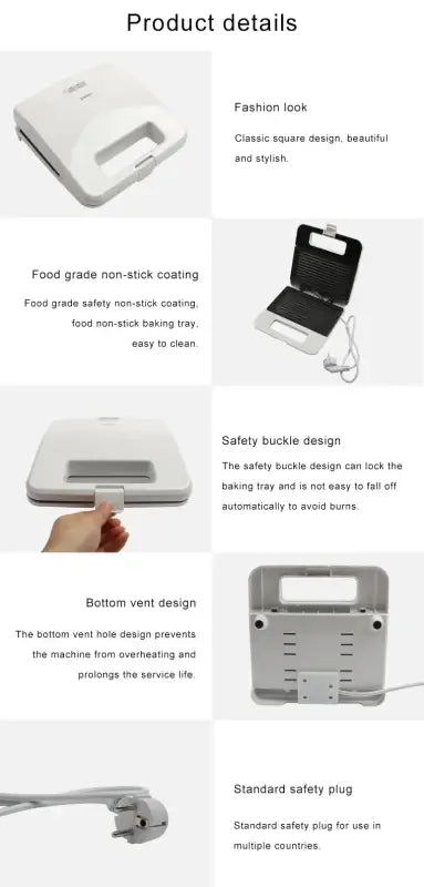 White Electric Panini Sandwich Machine with safety locks and non-stick baking plates