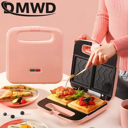 Pink Panini Sandwich Machine with wavy-patterned plates for multifunction baking