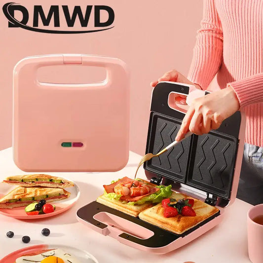 Pink Panini Sandwich Machine with wavy-patterned plates for multifunction baking