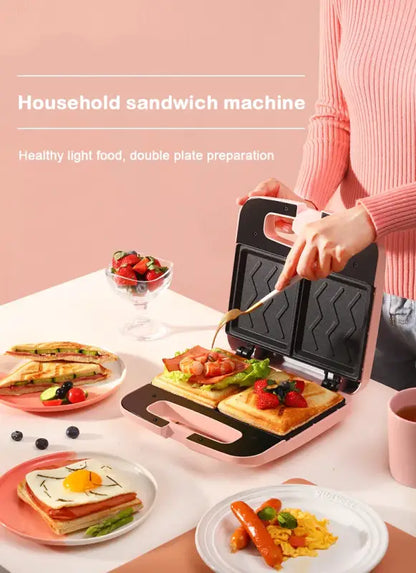 Pink Panini Sandwich Machine with non-stick triangle cooking plates for multifunction baking