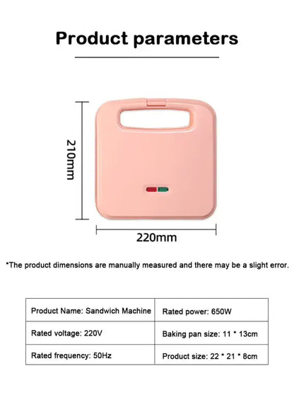 Pink Electric Panini Sandwich Machine with multifunction baking pan specifications displayed