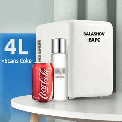 White mini refrigerator with BALASHOV-EAFC branding for portable cooling solutions