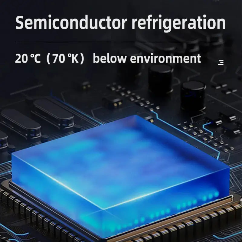 Glowing blue semiconductor cooling system on Electric Portable Mini Refrigerator circuit board