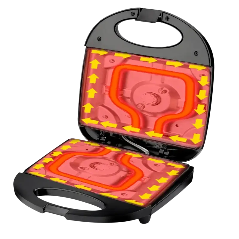 Black Electric Walnut Cake Waffle Maker with 850W heating and glowing red elements