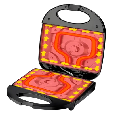 Black Electric Walnut Cake Waffle Maker with 850W heating and glowing red elements