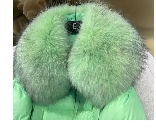 Mint green fur collar on a Light Luxury All-Match Female Winter Jacket