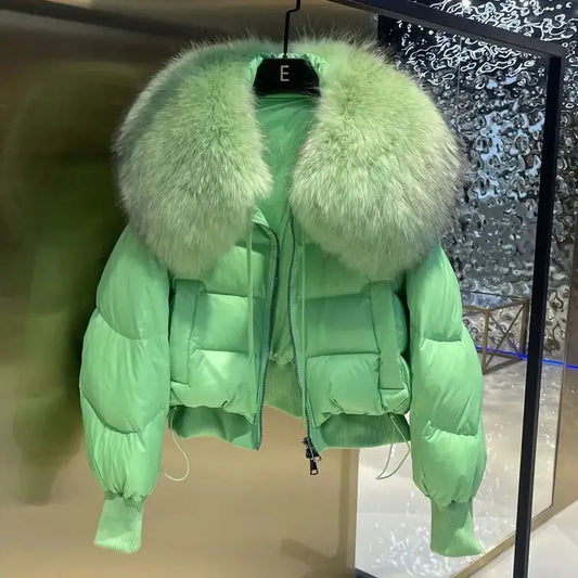 Mint green puffer jacket with white fur collar, a stylish Female Winter Jacket option