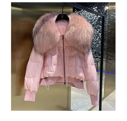 Pink puffer jacket with fur collar and ruffle detail for female winter style