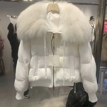 White puffer jacket with fluffy fur collar, perfect for a Light Luxury All-Match look
