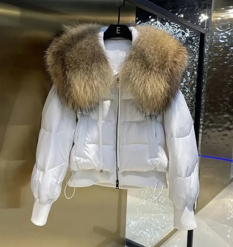 White puffer jacket with fur collar, perfect for a Light Luxury All-Match female winter jacket