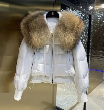 White puffer jacket with fur collar, perfect for a Light Luxury All-Match female winter jacket