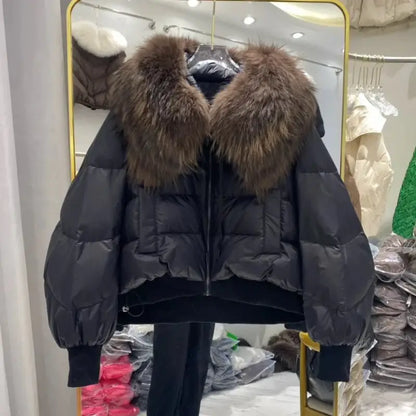 Black puffer jacket with brown fur collar trim for female winter jacket light luxury all-match