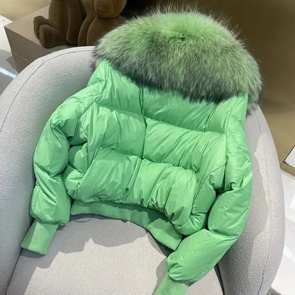Mint green puffer jacket with fur hood, perfect for a light luxury all-match winter style