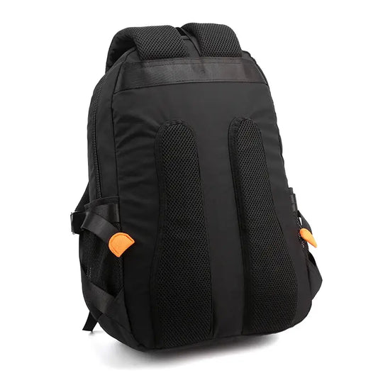 Black backpack with mesh padding and orange accents in quality nylon fabric design