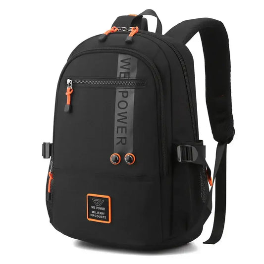 Black backpack with orange accents and WE POWER text in quality nylon fabric