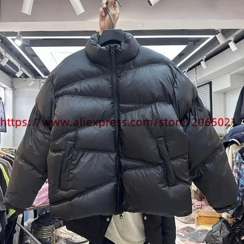 Functional Style Bread Puffer Jacket Parkas For Men Women Diagonal Zipper Hooded Loose Thicken Down Coats - laurichshop