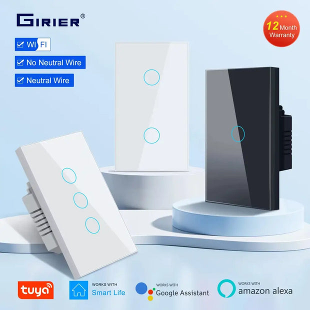 GIRIER Smart Wifi Touch Gang Light Switch 100-240V Works with Alexa Hey Google