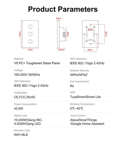 GIRIER Smart Wifi Touch Gang Light Switch 100-240V Works with Alexa Hey Google