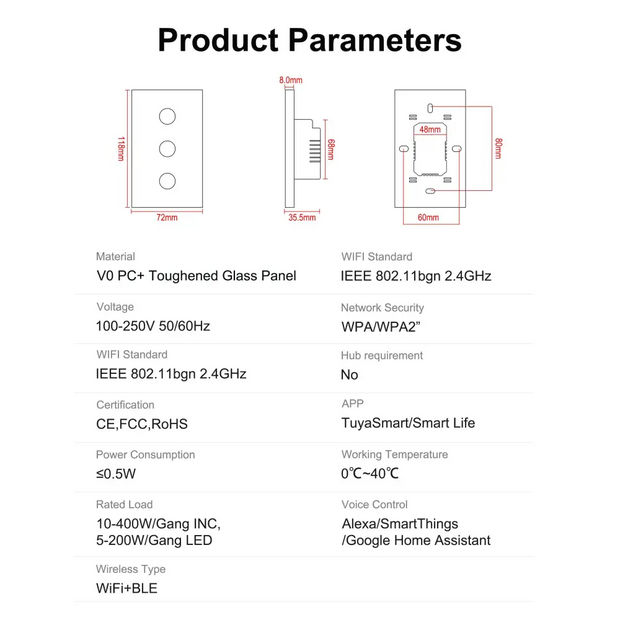 GIRIER Smart Wifi Touch Gang Light Switch 100-240V Works with Alexa Hey Google