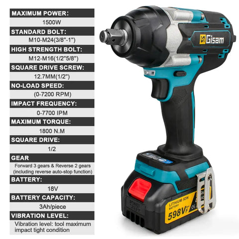 Gisam Electric Impact Wrench 1/2 inch Lithium-Ion - Drill