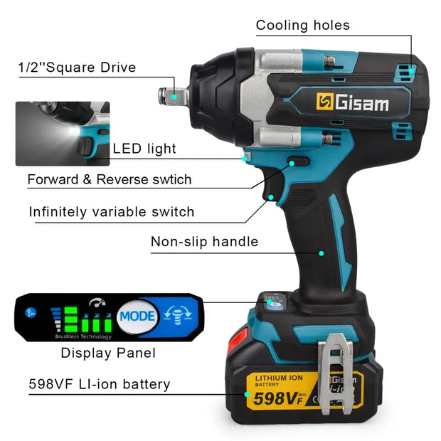 Gisam Electric Impact Wrench 1/2 inch Lithium-Ion - Drill