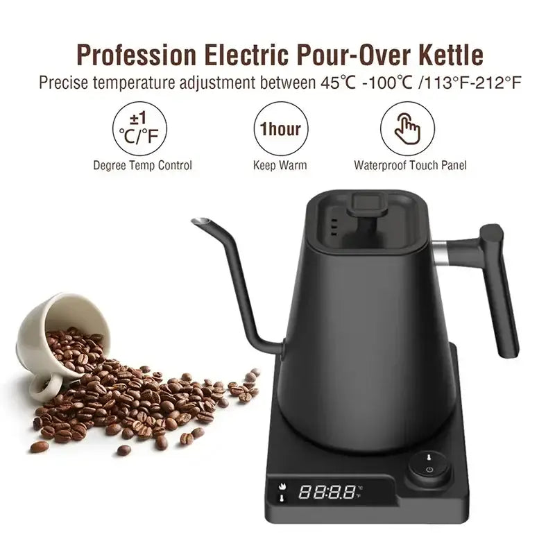 Black electric gooseneck kettle with wooden handle and digital display