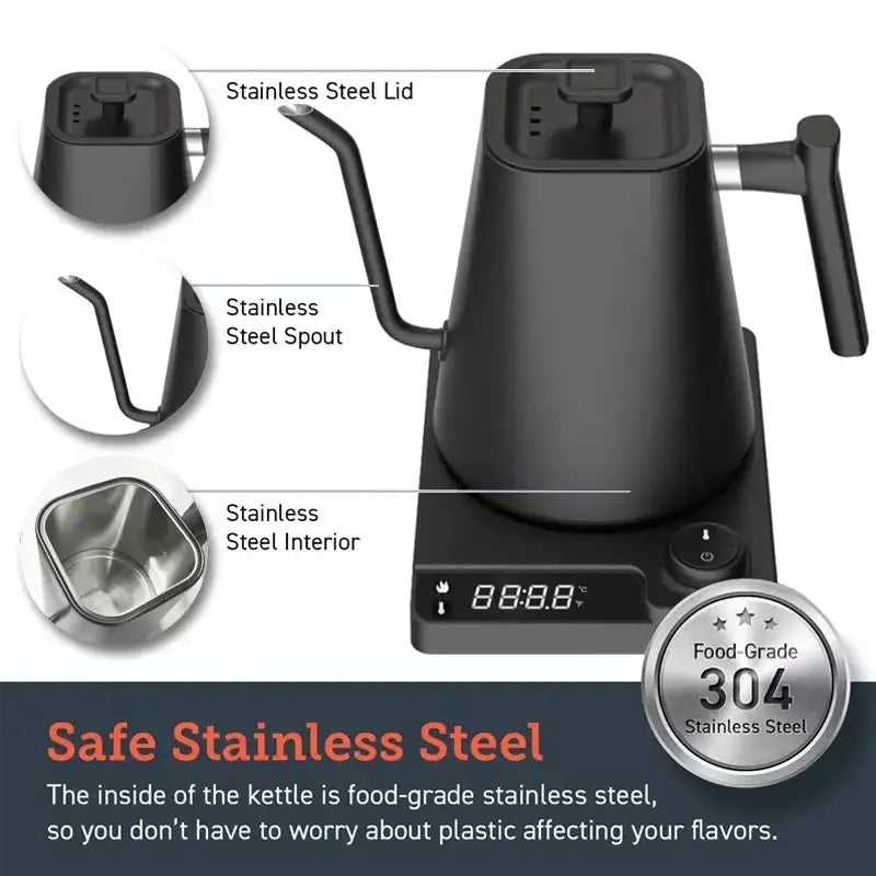 Black electric gooseneck kettle with wooden handle, stainless steel interior, spout, digital display, plug