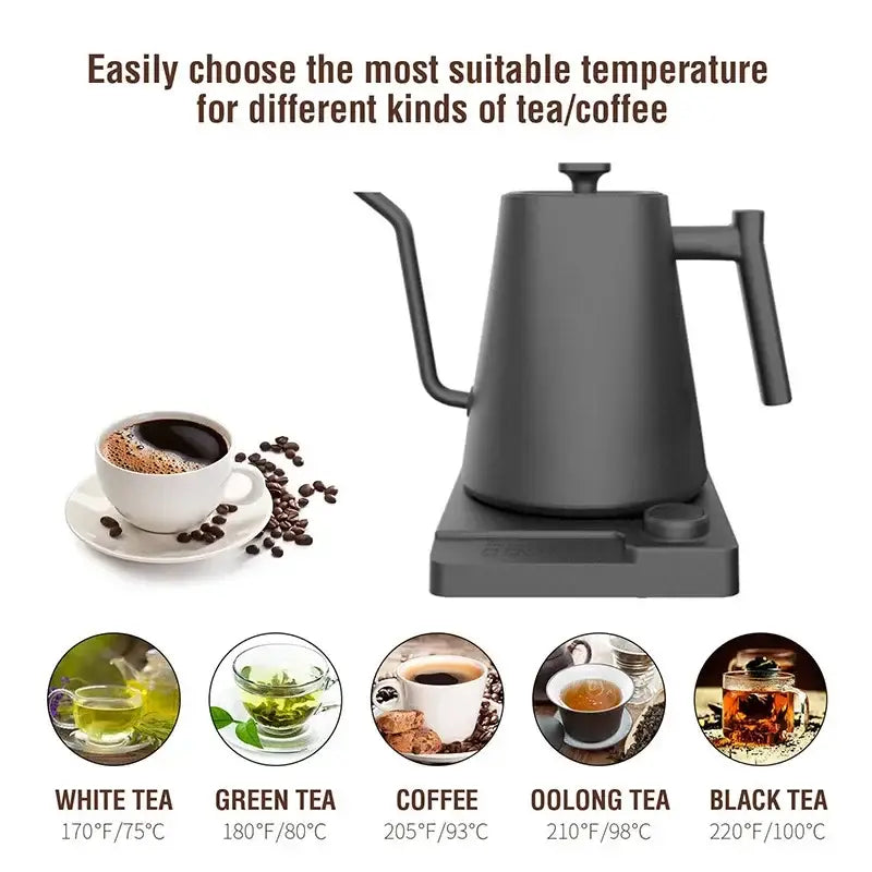Black electric gooseneck kettle with wooden handle and digital display for precise tea brewing