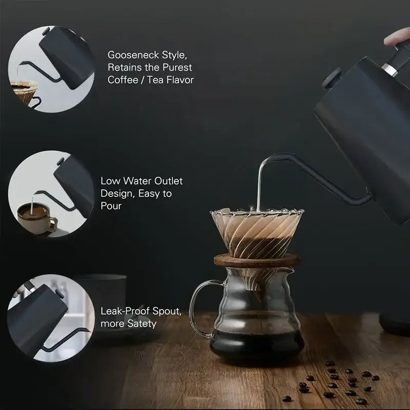 Black gooseneck kettle with wooden handle and digital display