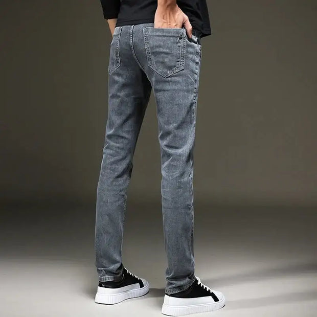 2023 Grey Jeans Pants Men Stretch Denim Skinny Slim Fit Young Biker Streetwear Male Cowboys Trousers Korean Men Fashion Clothing - laurichshop