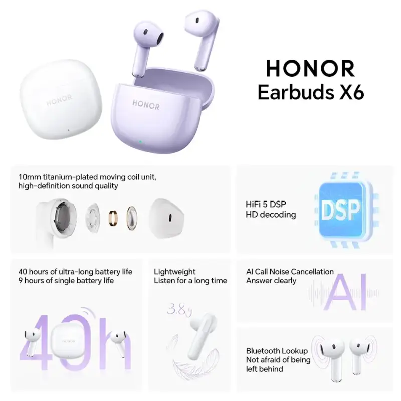 Honor Earbuds X 6 TWS Wireless Bluetooth Headphone 40 Hour Battery Life laurichshop