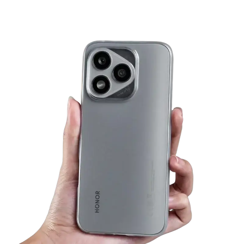 Silver Honor smartphone with AMOLED display, triple camera, and clear case