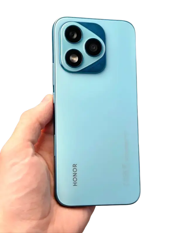 Blue Honor smartphone with AMOLED display, triple camera, and glossy finish