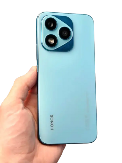 Blue Honor smartphone with AMOLED display, triple camera, and glossy finish