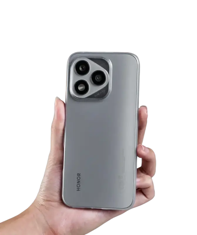 Silver Honor smartphone with AMOLED display and triple camera