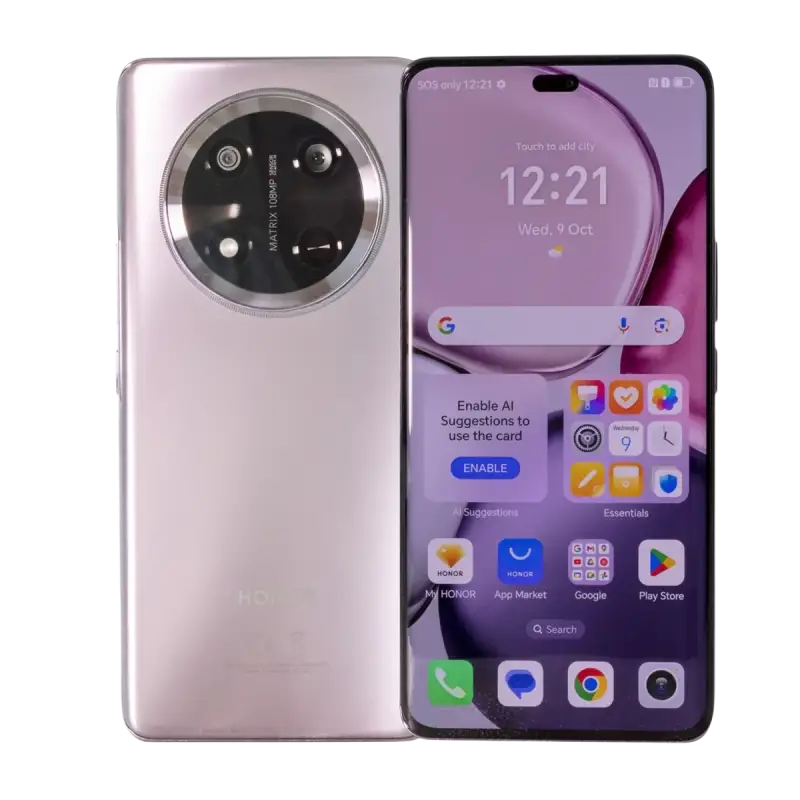 Silver Honor smartphone with circular rear camera and fast charging