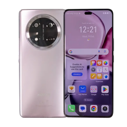 Silver Honor smartphone with circular rear camera and fast charging